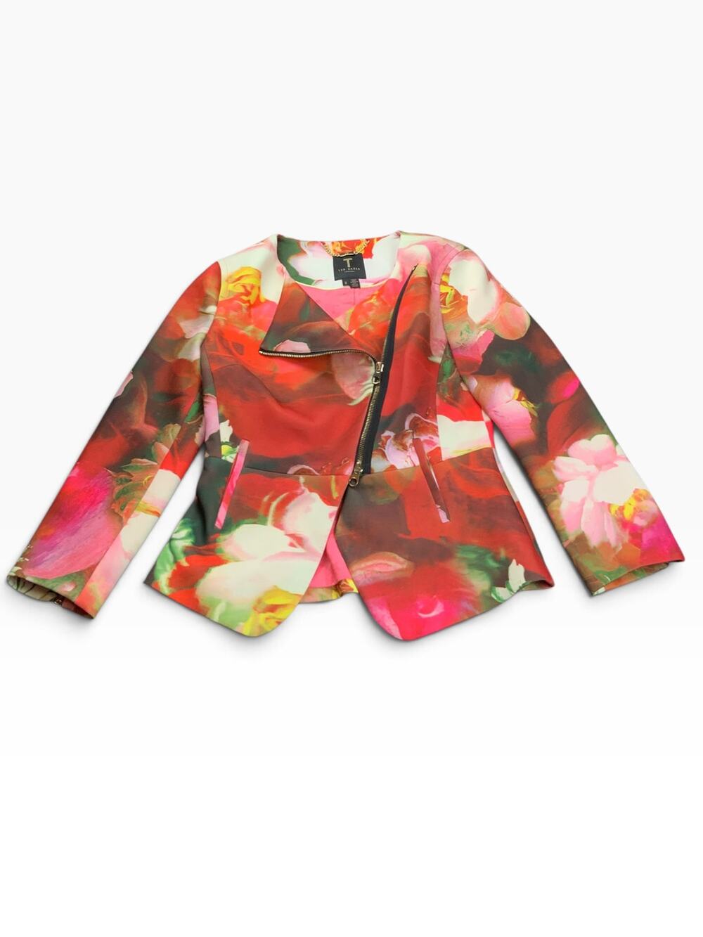 Ted Baker London Women Size 2 Isabeau Floral Blazer Jacket Pink Red Zip Peplum